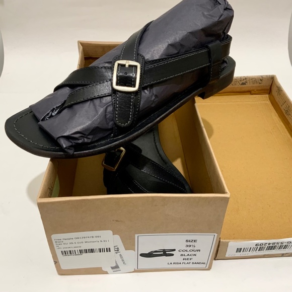 FREE PEOPLE La Risa Black Leather Flat Sandal Summer Strappy Sandal 39.5 - Picture 12 of 12